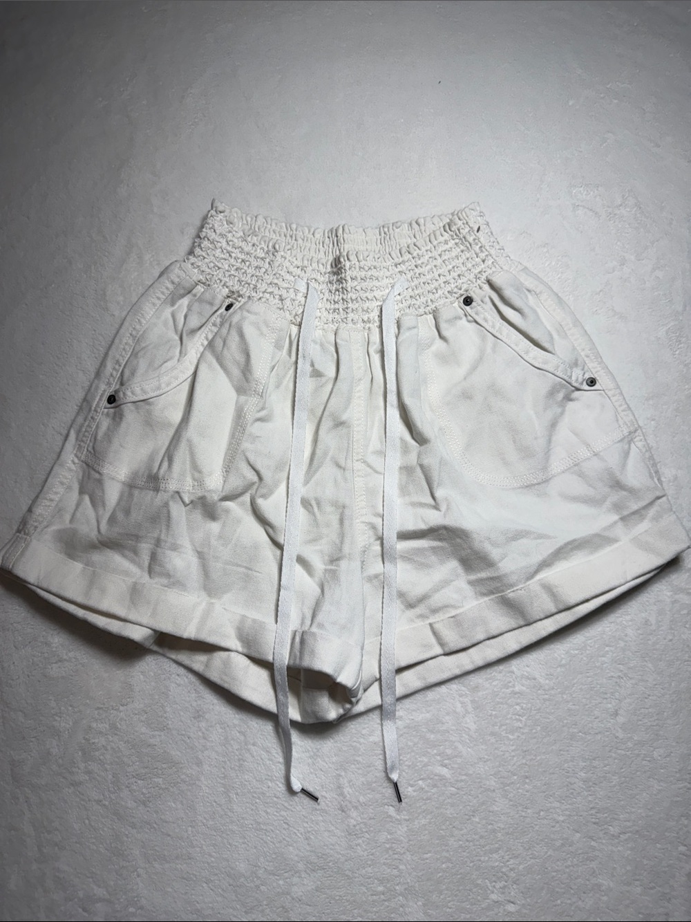 Simply Blessed High-Waist Cream Smocked Waist Drawstring Shorts